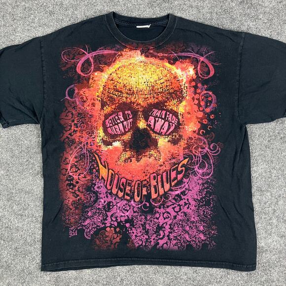 House of Blues T-Shirt Mens XL Black Skull Graphic Rock Burnout Style Tee - Picture 1 of 7